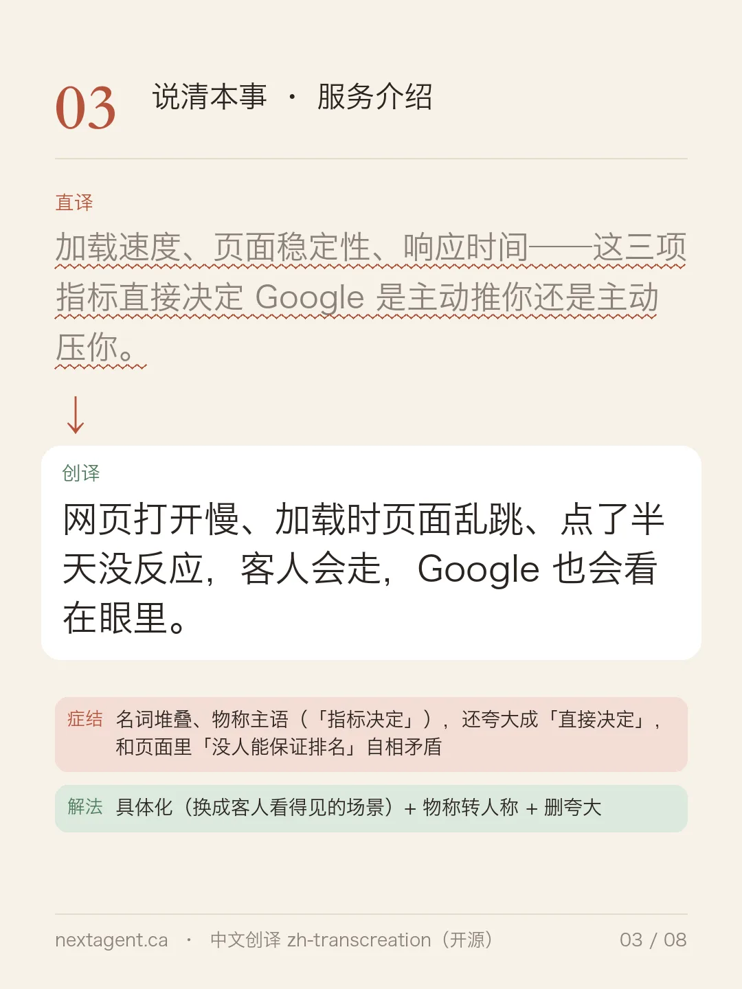 服务介绍：把「加载速度、页面稳定性、响应时间直接决定 Google 推你还是压你」改成客人看得见的场景