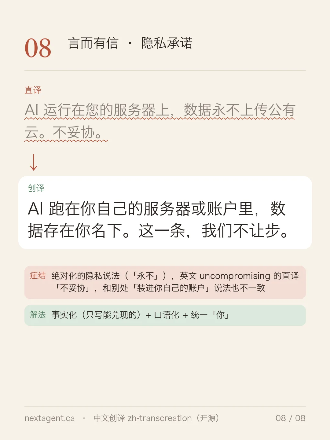 隐私承诺：直译「数据永不上传公有云，不妥协」，创译「数据存在你名下，这一条我们不让步」